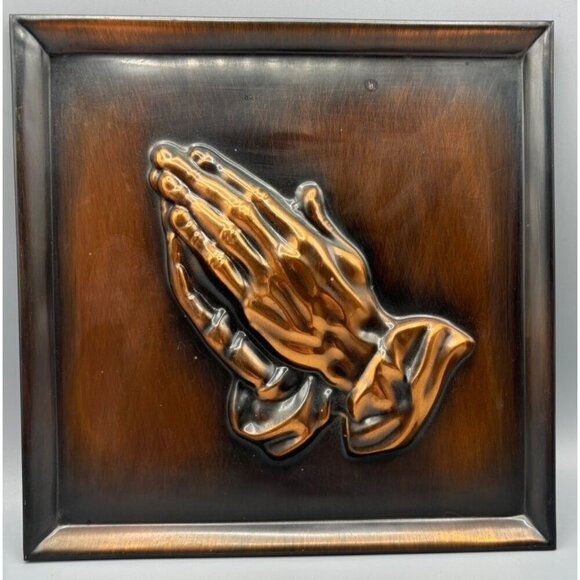 Vtg 70s Copper Guild Praying Hands Wall Art Plaque Napkin Holder Set - Picture 3 of 10